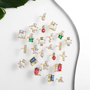 Elegant 18K gold plated geometric stud earrings with colorful square and teardrop zircons