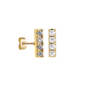 Detailed macro view of long 18K gold earrings featuring four vertical round zircons