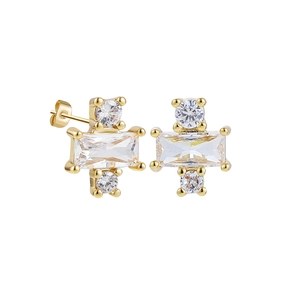 Detail of 18K gold geometric stud earrings with rectangular clear cubic zirconia stones
