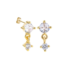 Detail of 18K gold round zircon stud earrings with crystal drops and butterfly backs