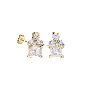 Macro shot of 18K gold earrings with square zircon stone and three accent gems