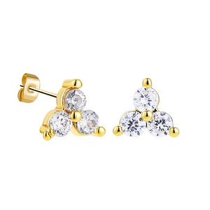 Detailed close-up of 18K gold-plated triple-stone cluster stud earrings with zircon