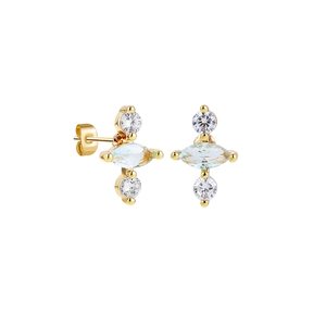 Detail of 18K gold earrings featuring marquise blue zircon and small round diamonds