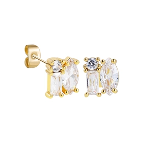 Macro detail of 18K gold earrings with geometric square and marquise crystal settings