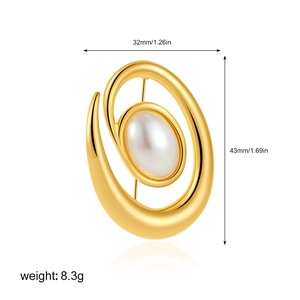 Detailed technical diagram of 18k gold spiral pearl brooch with exact size and weight metrics