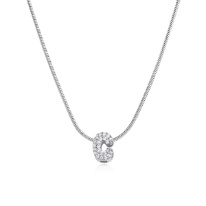 Detail of cubic zirconia letter C pendant on sleek stainless steel snake bone chain