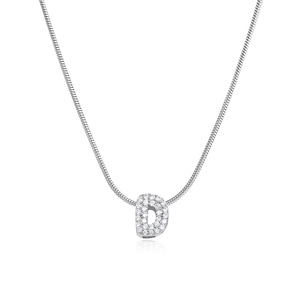 Macro view of silver snake chain and initial D pendant with pavé zircon stones