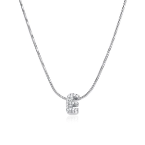 Detail of silver letter E pendant featuring cubic zirconia on a snake bone chain