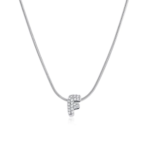 Detail of silver snake chain with iced-out letter F pendant and micro-pave zircons