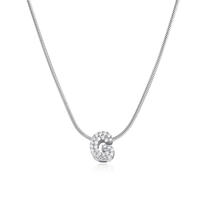 Macro shot of silver initial G pendant with micro-pave zircons on snake chain