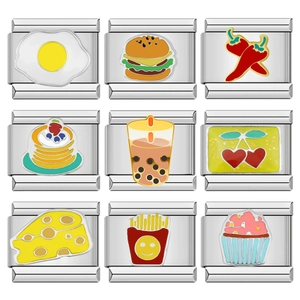 Italian modular stainless steel charms with colorful food enamel motifs in 3x3 layout
