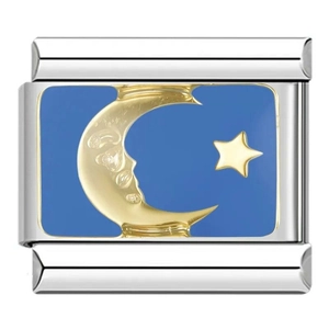 Italian modular charm with blue enamel background featuring a golden moon and star