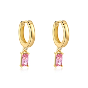 Pendientes de aro en plata S925 bañados en oro 14K con colgante de circón rosa rectangular