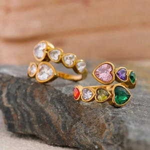 18K gold plated open heart ring with colorful zircon stones in a double row design
