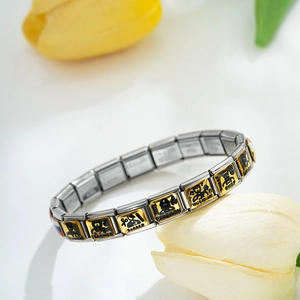 Italian modular stainless steel charm bracelet with gold profession-themed links