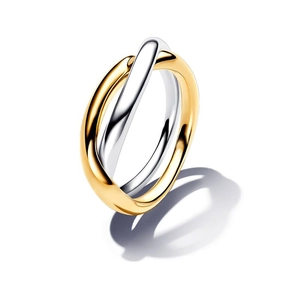 Minimalist interlocking 18K gold and silver two-tone double band ring with polished finish