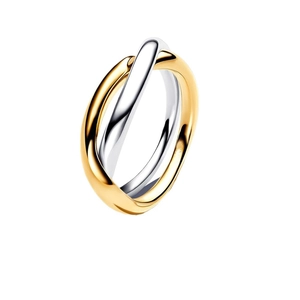 Minimalist 18K gold and silver intertwined double band ring on white background