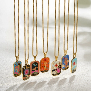 Detailed set of seven tarot card pendants with colorful enamel on gold plated chains