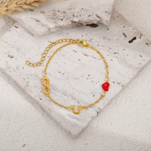18K gold plated stainless steel bracelet with red heart and infinite symbol charms