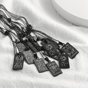 Matte black stainless steel zodiac pendant necklace featuring engraved rectangular charms
