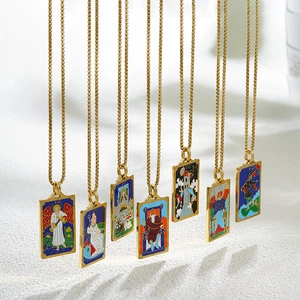 Vintage Stainless Steel Tarot Card Pendant Necklace Colorful Enamel Sun Moon Star Mystical Bohemian Jewelry For Women Men