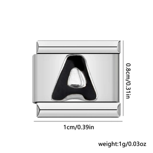 Close-up of 1cm stainless steel Italian charm bracelet link with letter A design