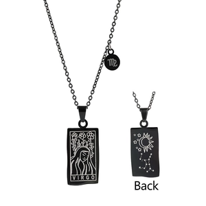 Double-sided Virgo zodiac necklace in black stainless steel with tarot-style rectangle pendant