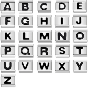 Italian charm bracelet links featuring black A-Z alphabet letters in stainless steel