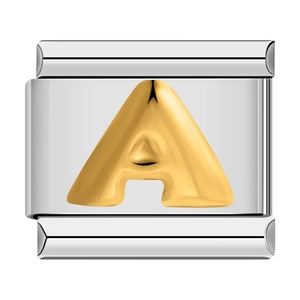 Italian modular charm bracelet link featuring a polished golden letter A on stainless steel