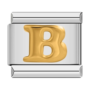 Italian modular charm bracelet link featuring a gold letter B on a silver stainless base