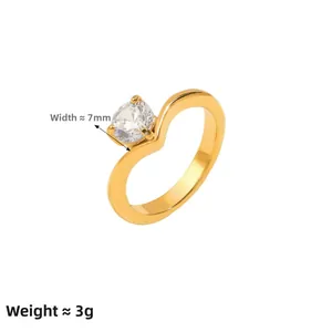 Detail shot of V-shaped 18K gold plated ring with 7mm round cubic zirconia stone