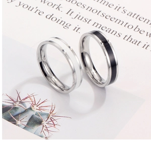 Detail van minimalistische roestvrijstalen ringen met zwart-witte emaille banden op kaart
