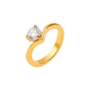 Elegant 18K gold plated V-shaped titanium ring with sparkling round cubic zirconia stone