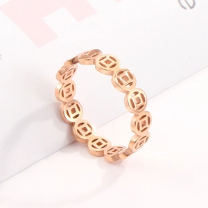 Vintage Hohl Chinesische Glückskupfer Münzring Titanstahl Galvanisiert Roségold Bandring Für Damen Mode Schmuck
