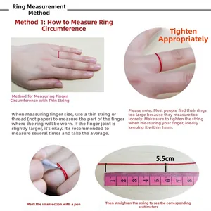 Detailed step-by-step ring size measurement guide using string and ruler with 5.5cm example