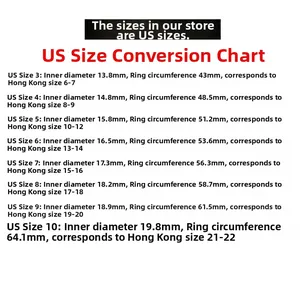 Detailed US ring size chart showing inner diameters and circumference for 18K gold bands