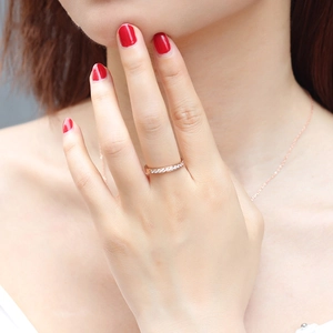 Fashion 18K rose gold plated ring with ten CNC micro-set zircon stones on model hand