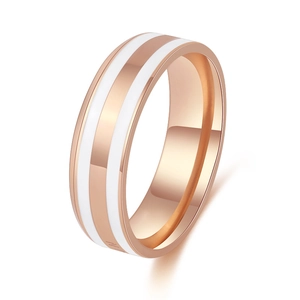 Rose gold 18K plated stainless steel wide ring with parallel white ceramic inlay strips