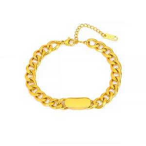 Polished 18K gold plated Cuban link chain bracelet with engravable id plate and lobster clasp