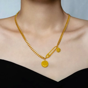 Titanium Steel Smile Face Paperclip Pendant Necklace For Women Hip Hop Curb Chain Gold Silver Minimalist Fashion Jewelry