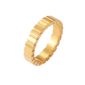 Minimalist gold titanium steel ring with textured gear stripe design for everyday fashion