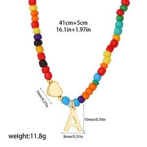 Rainbow beaded necklace with gold heart and letter A charm including sizing details