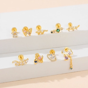 Set of 18K gold-plated stainless steel stud earrings with colorful zircon stones