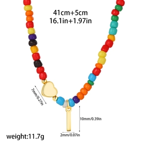 Detail showing colorful beaded necklace size 41cm plus 5cm with golden heart charms