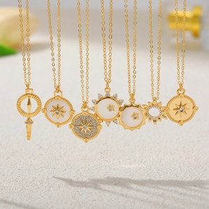Compass North Star Pendant Necklace 18K Gold Plated Stainless Steel Zirconia Mother of Artificial Pearl Celestial Jewelry for Women