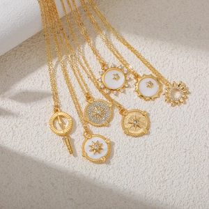 18K gold plated stainless steel compass necklaces with mother of pearl and zircon pendants