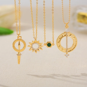 18K gold plated stainless steel compass necklaces set with zircon and malachite charms