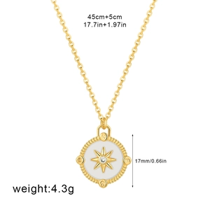 Detail of 18K gold plated compass pendant with white shell inlay and dimensions