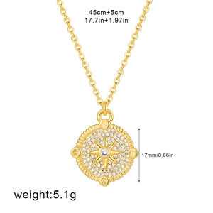 Detail showing 18K gold plated compass pendant with cubic zirconia and dimensions