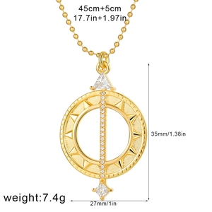 Detailed view of 18K gold compass necklace with measurements 35mm x 27mm and 45cm chain